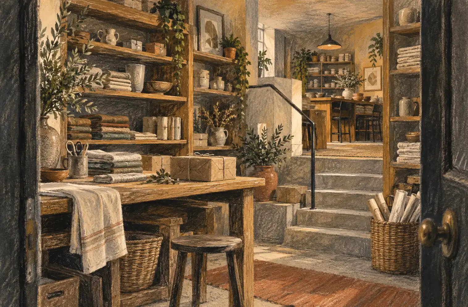 Illustration of independent retailers and their working space